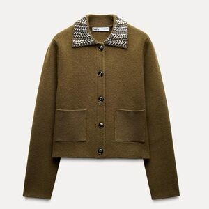 Zara ZW Collection 100% Wool Jewel Collar Cardigan Size XL